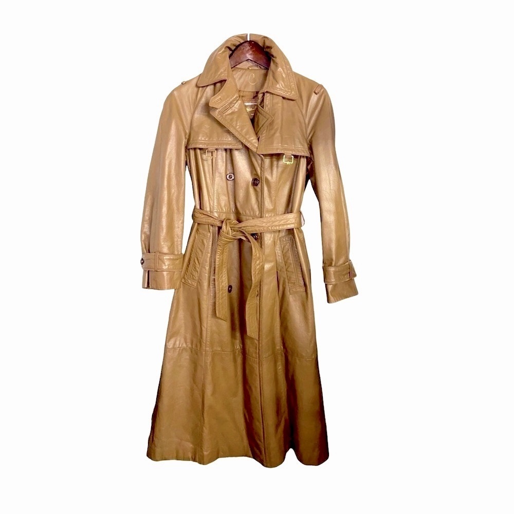 Vintage 70s Etienne Aigner Tan Belted Double Breasted Leather Trench Coat